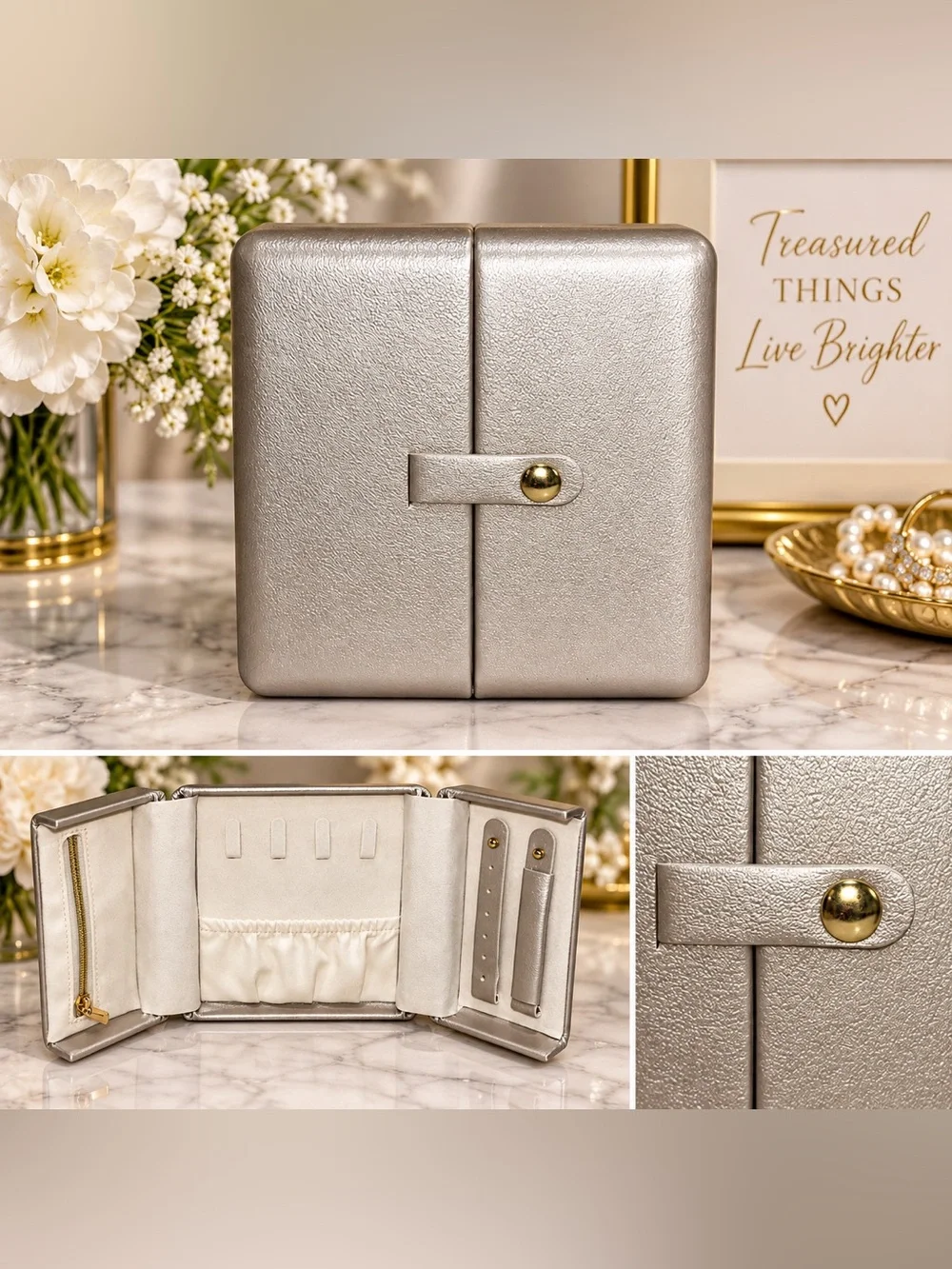 ✨ Metallic Champagne Gold Trifold Travel Jewelry Case Organizer